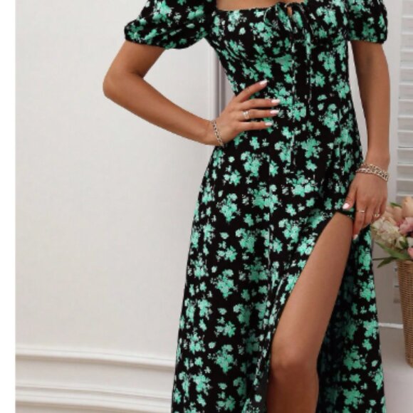 Women Boho Short Sleeve Dress Square Neck Knot Front Slit Thigh Dress L - Picture 4 of 7